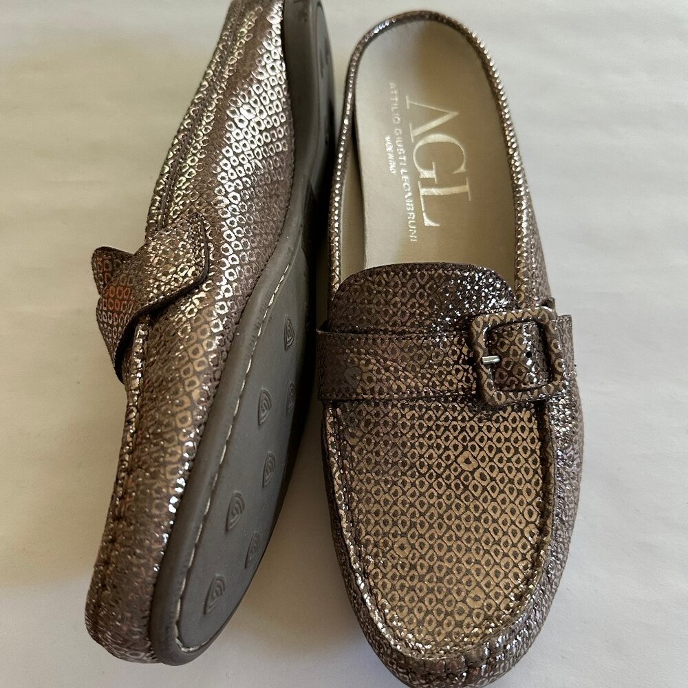 AGL Women Square Buckle Flat Raisa Quartz Leather Loafer, made in Italy, US 9M